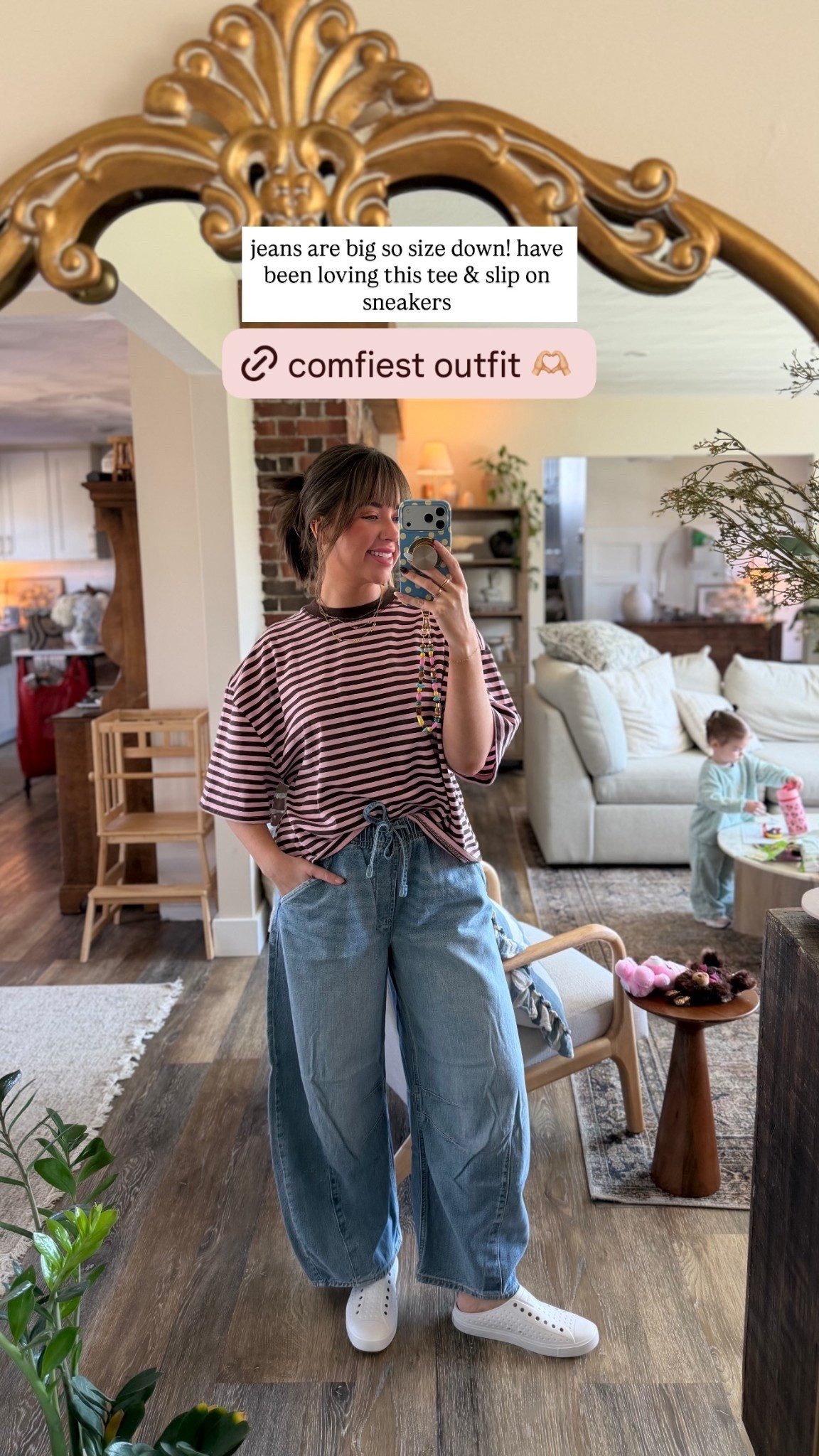 jeans are big so size down! have been loving this tee & slip on sneakers