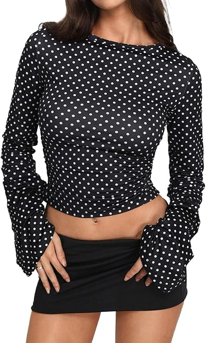 Milumia Women's Polka Dots Bell Sleeve Crop Tee Top Y2K Ruched Slim Fit Going Out T Shirt | Amazon (US)