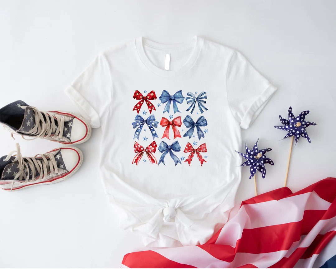 4th of July Bow Shirts, Coquette Aesthetic Patriotic T-shirt, Cute Independence Day Tee, American... | Etsy (US)