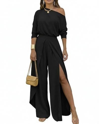 Amazon.com: CHICME Women Summer 2 Piece Outfits Off Shoulder Batwing Sleeve Top Flowy Slit Wide L... | Amazon (US)