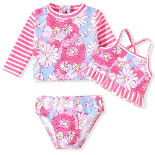 0-3 Months Baby Girl 3-Piece Rash Guard Swimsuit Sets Infant Long Sleeve Floral Flower Bathing Suit Swimming Beach Wear | Amazon (US)