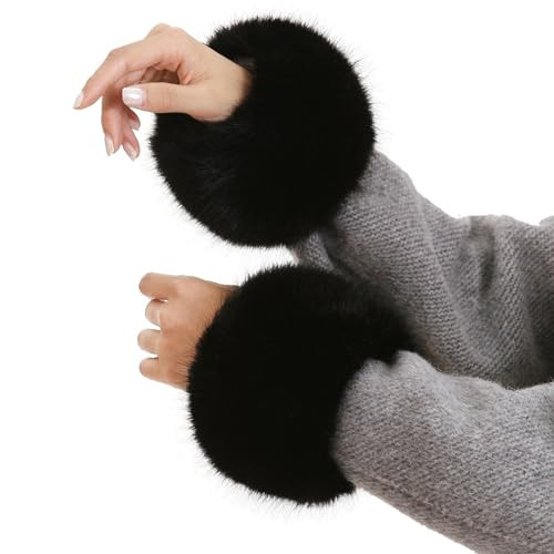 Roniky Women's Faux Fur Wrist Cuffs, Winter Fox Furry Wristbands, Fluffy Fur Cuff Bracelets, Arm Warmers (Black, One Size) | Amazon (US)