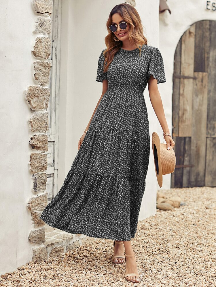 Ditsy Floral Print Shirred Waist Ruffle Hem Dress | SHEIN