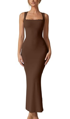 QINSEN Women's Square Neck with Lace Detail Long Maxi Dress Sleeveless Lounge Ribbed Full Length ... | Amazon (US)