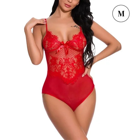 Women Enchanting Bodysuit Lingerie Lace Underwear Perspective Sleepwear Red M | Walmart (US)