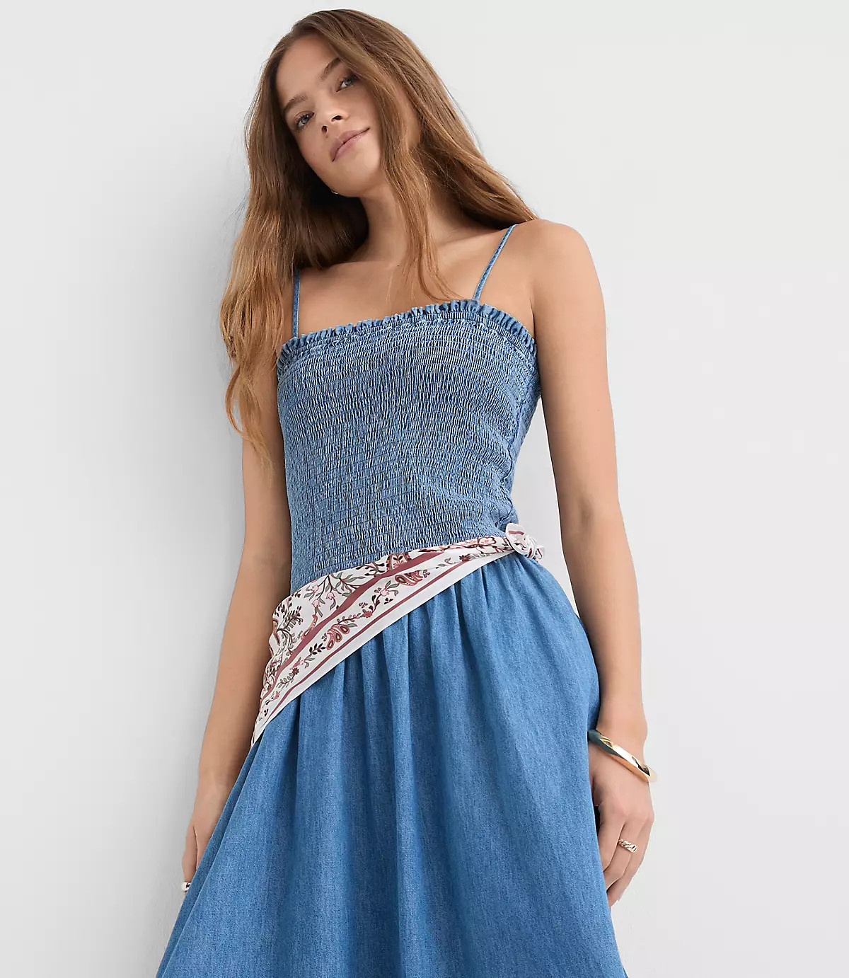 Chambray Smocked Strappy Midi Pocket Dress | LOFT