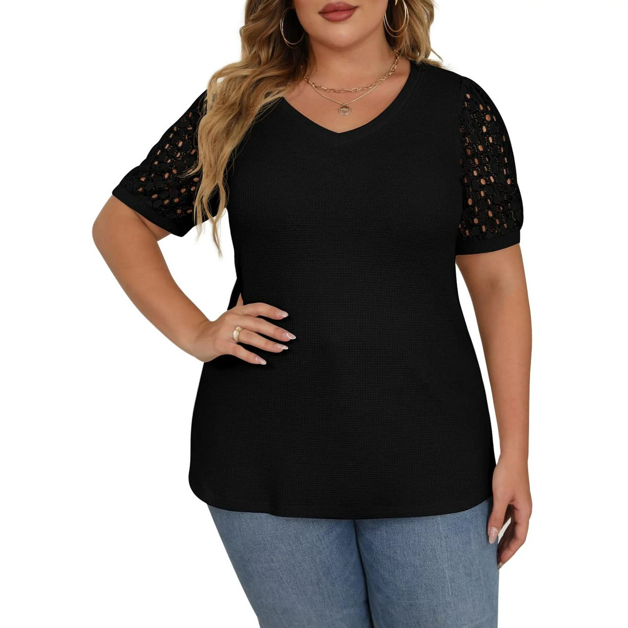 JWD Plus Size Tops For Women Summer Blouse Waffle Knit Short Lace Sleeve Shirts Plus Size Womens ... | Walmart (US)