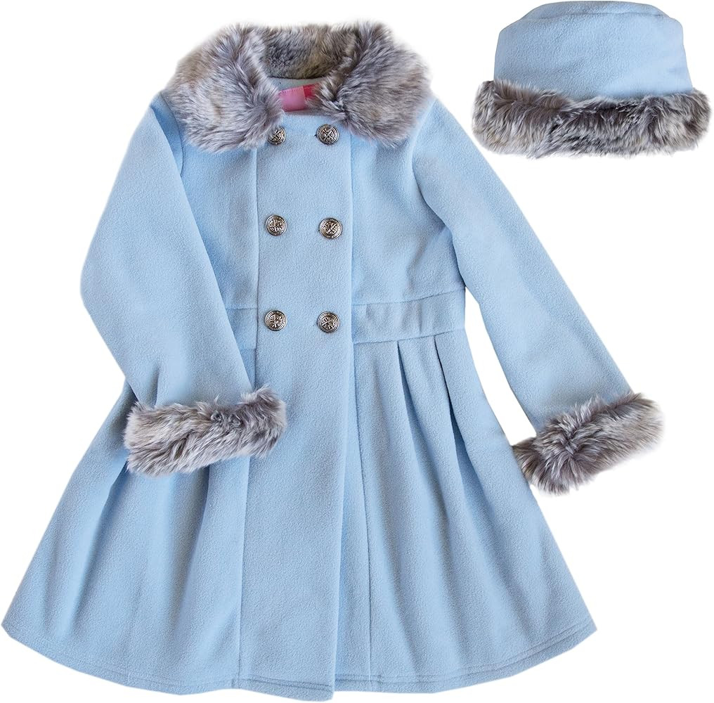Good Lad Toddler Girls Blue Double Breasted Fleece Coat with Fur Collar and Cuffs and Matching Ha... | Amazon (US)