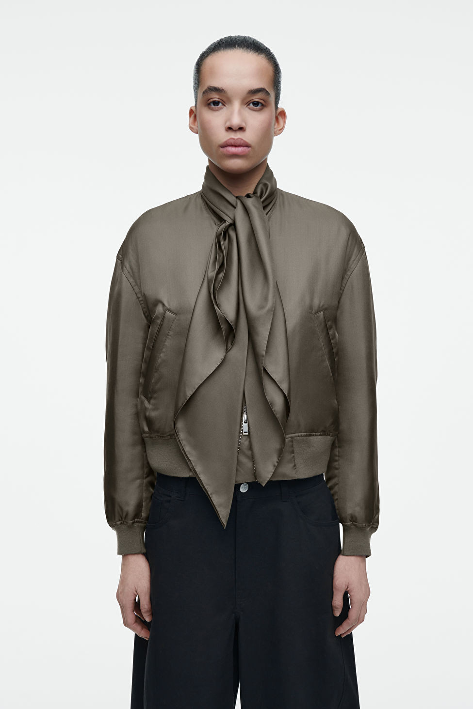 SCARF-DETAIL PADDED SILK BOMBER JACKET | COS (US)