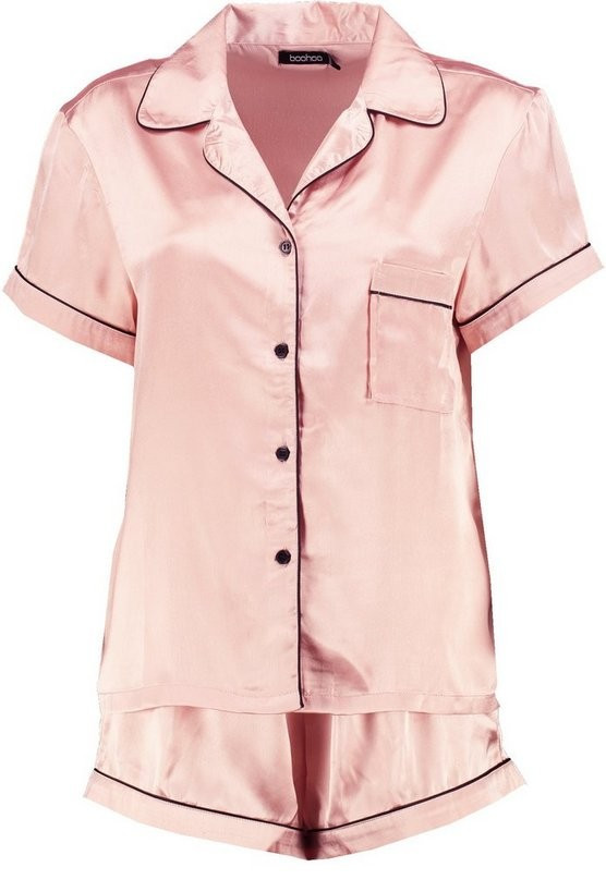 Satin PJ Short Set With Contrast Piping | Boohoo.com (US & CA)