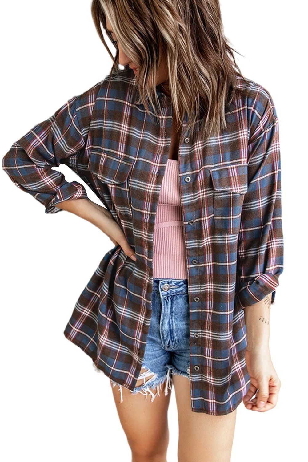 SHEWIN Womens Casual Long Sleeve Shirts Flannel Plaid Blouse & Button Down Shirts Oversized Loose... | Walmart (US)