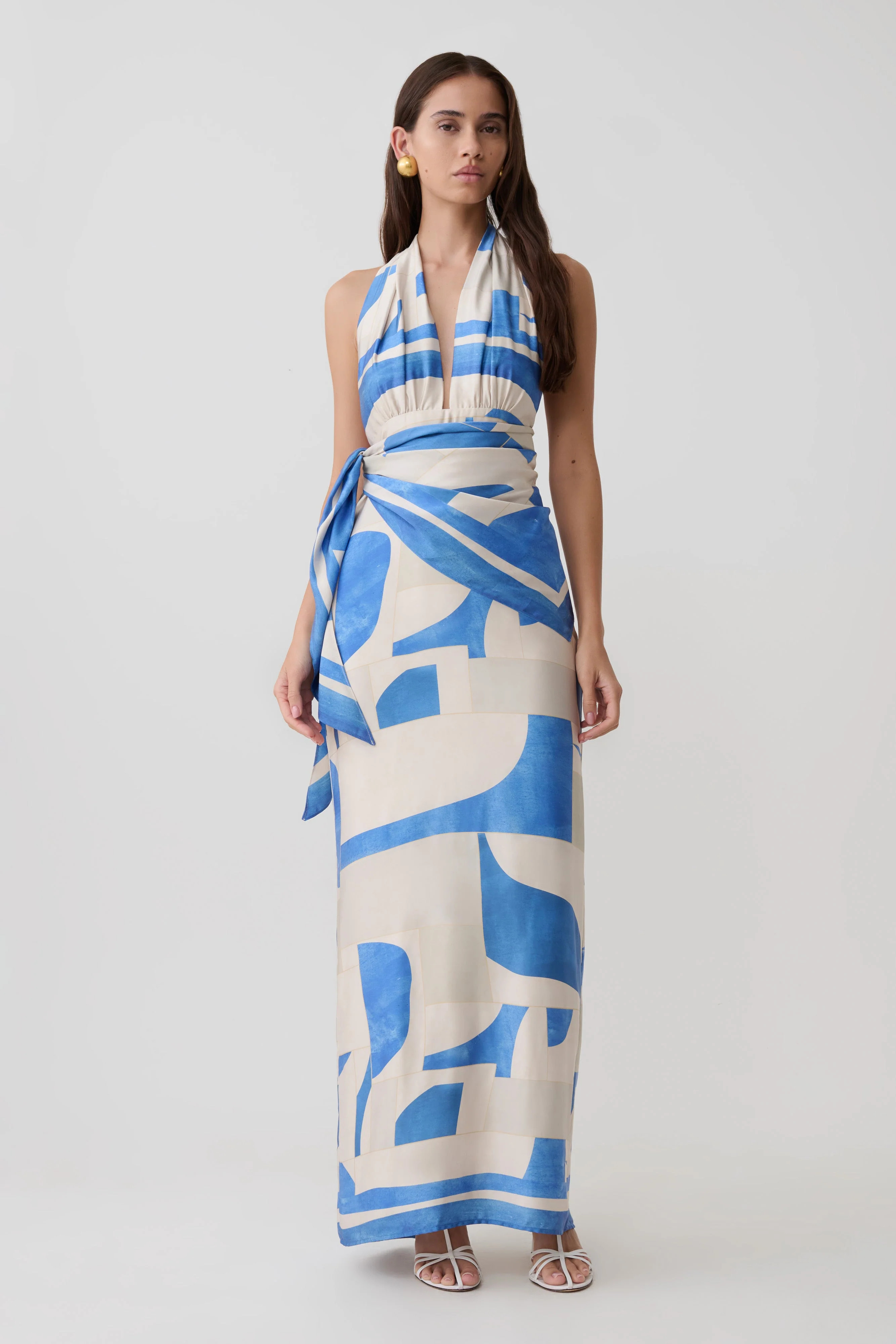 Gianna Satin Halter Maxi Dress - Blue Geo Tile Print | MESHKI US