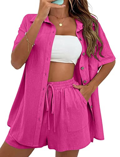 APAFES Women Summer Cotton Linen Short Sets 2 Piece Shorts Top Lounge Beach Vacation Two Piece Outfits Tracksuits(Rosered-Small) | Amazon (US)