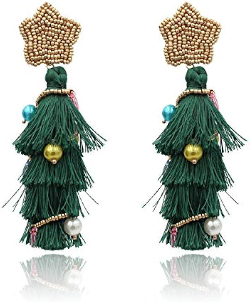 Amazon.com: Christmas Tree Stud Earrings Beaded Tassel Drop Dange Earrings for Women Girls Xmas H... | Amazon (US)
