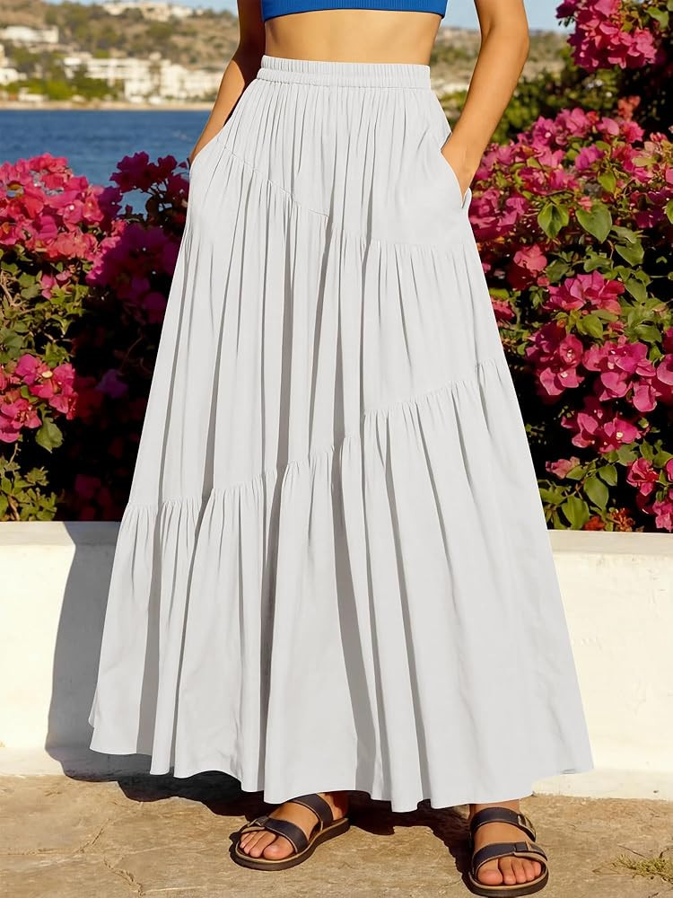 ANRABESS Women\u2019s Boho Elastic High Waist Pleated A-Line Flowy Swing Asymmetric Tiered Maxi L... | Amazon (US)