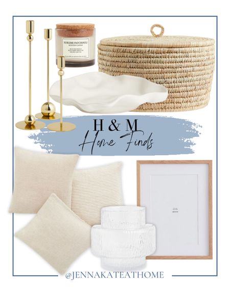 H&M home finds include gold candle stick holders, lidded storage basket, candle, tray, neutral wood frame, glass fluted vase, neutral throw pillows

Home decor, affordable home finds, neutral home, home finds 

#LTKstyletip #LTKhome #LTKunder50