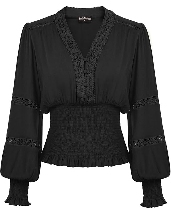 Scarlet Darkness Women's Renaissance Peasant Blouse V Neck Lantern Sleeve Lace Smocked Tops | Amazon (US)