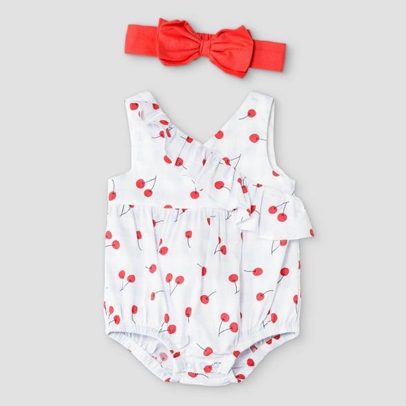 Baby Girls' Cherry Gingham Romper with Headband - Cat & Jack™ Sky Blue | Target