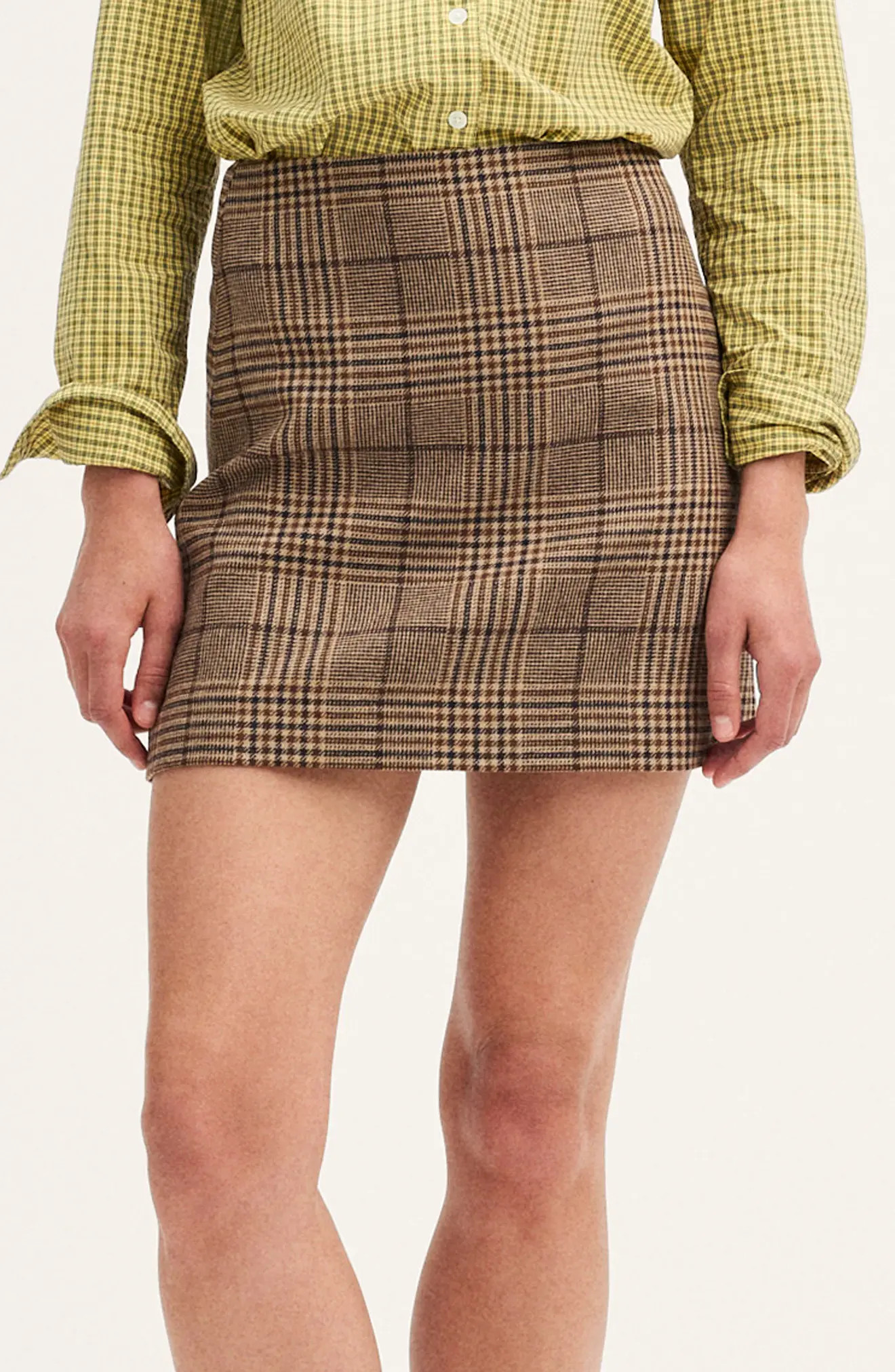 Madewell Plaid Recycled Wool Blend A-Line Miniskirt in Brown Black Plaid Multi at Nordstrom, Size 6 | Nordstrom