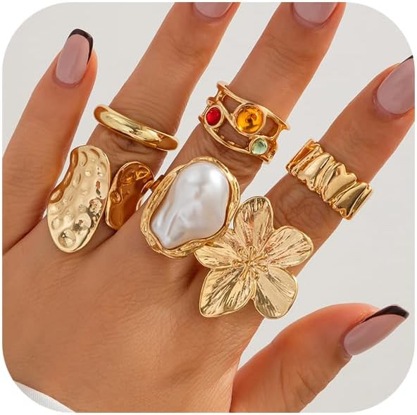Chunky Knuckle Flower Rings for Women Chunky Gold Pearl Ring Set Stacking Crystal Knuckle Rings S... | Amazon (US)