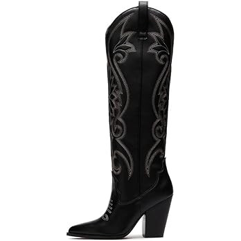 VOMIRA Knee High Cowboy Boots for Women Pointed Toe Chunky High Heels Pull-on Embroidered Boots W... | Amazon (US)
