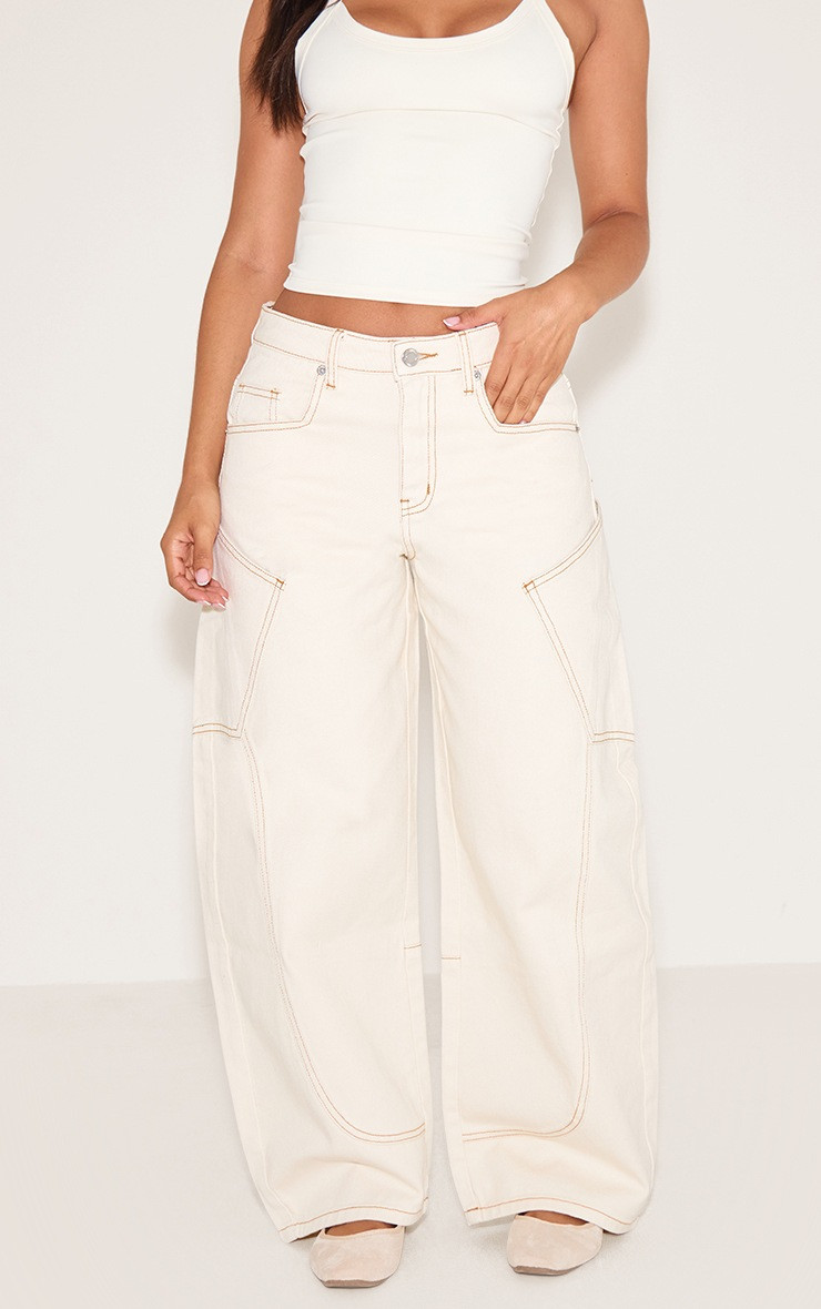 Petite Ecru Side Pocket Detail Wide Leg Jeans | Petite | PrettyLittleThing US