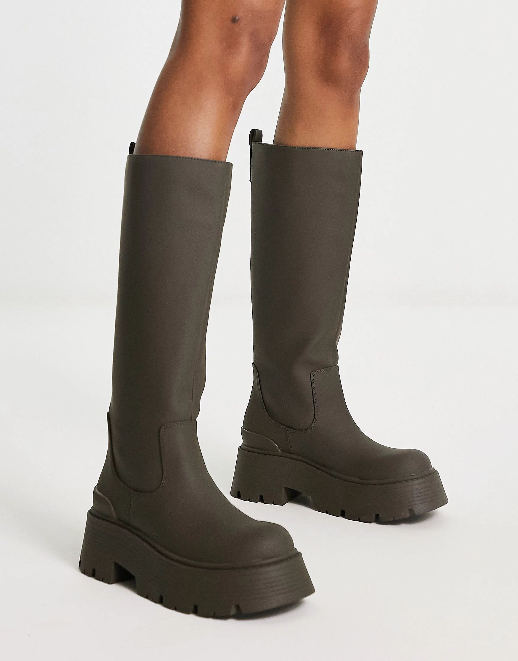 Pull&Bear chunky knee high boots in khaki | ASOS (Global)