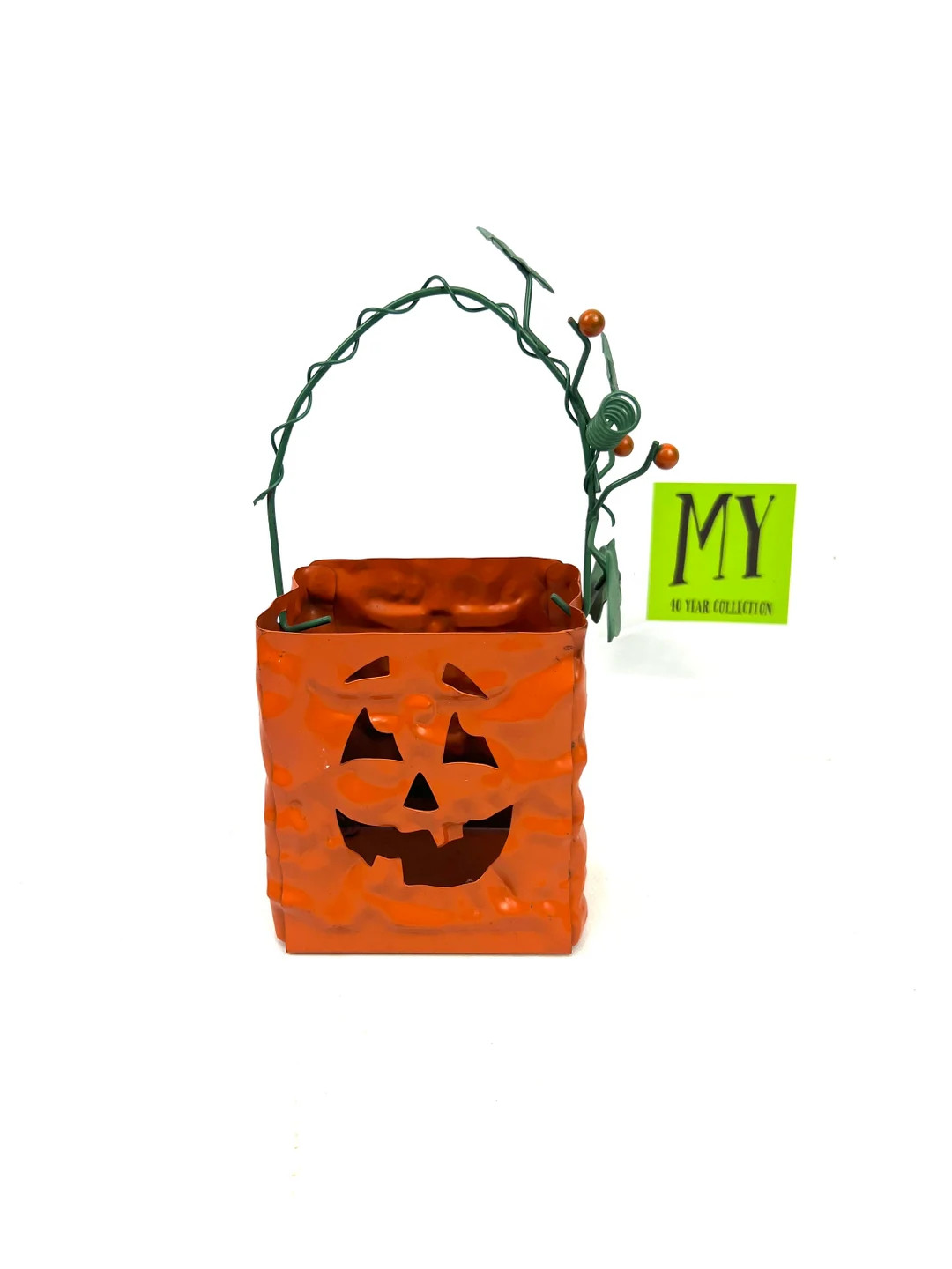 Vintage Halloween Decor Cannon Falls Orange Jack O Lantern Square Metal Green Vine Metal Handle T... | Etsy (US)