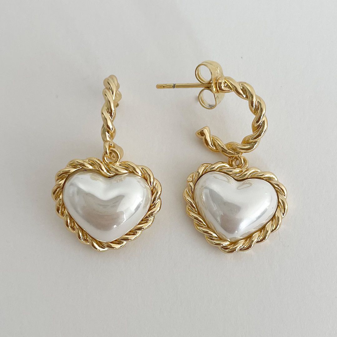 Heart Earrings, Minimalist Earrings, Dangle Heart Earrings, Small Puffy Heart, Gold Hoop Earrings... | Etsy (US)