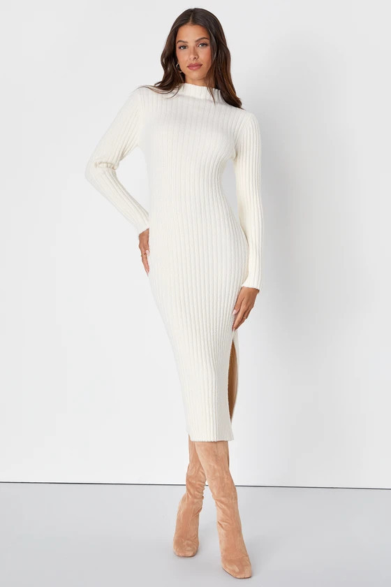 Irresistible Feelings Ivory Fuzzy Knit Midi Sweater Dress White Midi Dress White Fall Dress Outfit | Lulus (US)