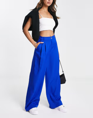 Monki high waist pleat front pants in blue | ASOS (Global)