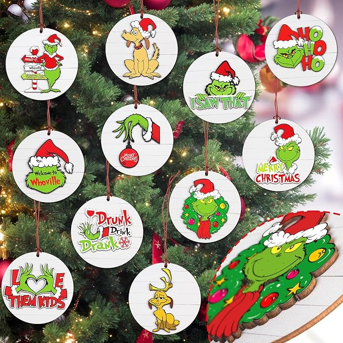 Christmas Ornaments Tree Decorations Set - 12pcs Green Wooden Round Ornaments Hanging Decorations... | Amazon (US)