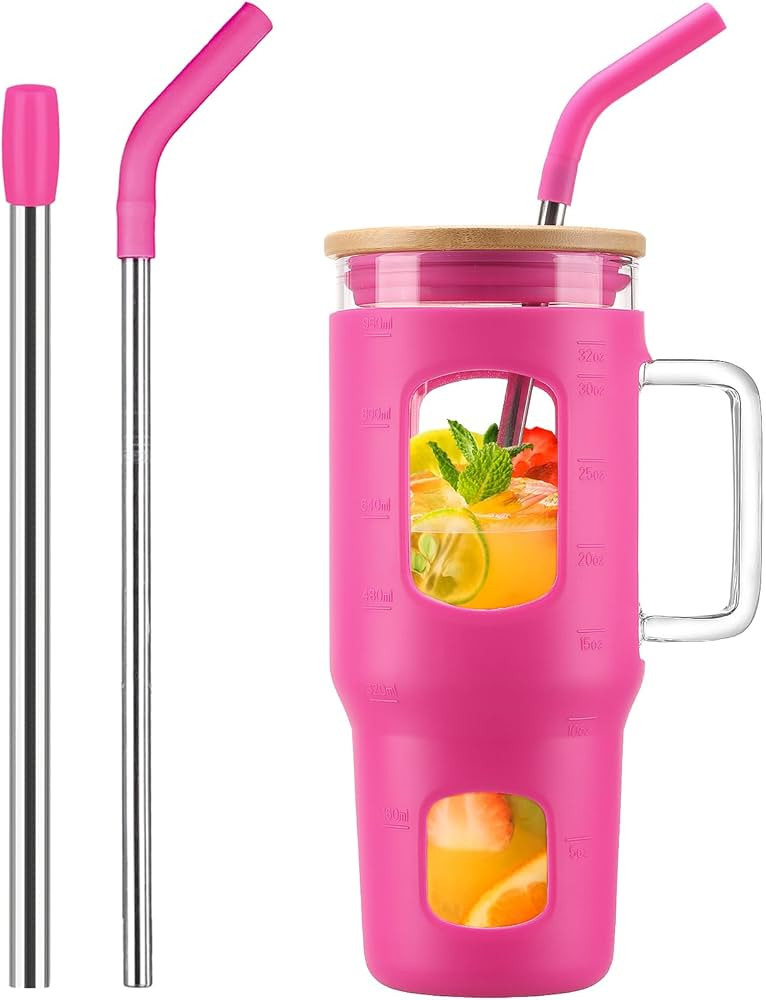 Glass Tumbler with Straw & Lid, 32 oz Glass Cup with Handle, Water Bottle with Time Marker - Pear... | Amazon (US)