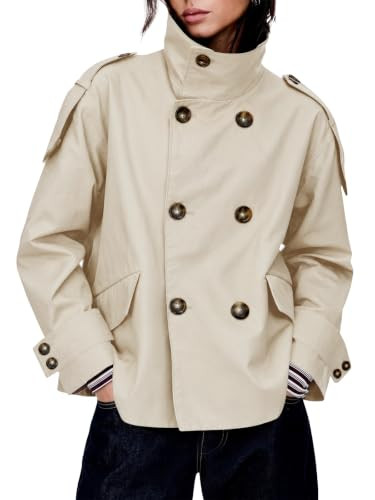 Tankaneo Womens Cropped Trench Coat Oversized Double Breasted Casual Jacket | Amazon (US)