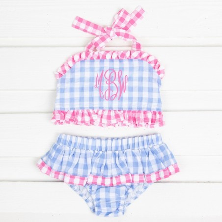 Peplum Two Piece Swimsuit Blue Seersucker Gingham | Classic Whimsy