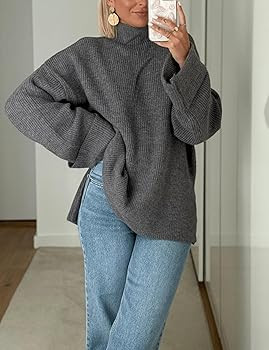 Oversized Womens Knit Sweater Cozy Ribbed Turtleneck Pullover with Side Slits | Amazon (US)