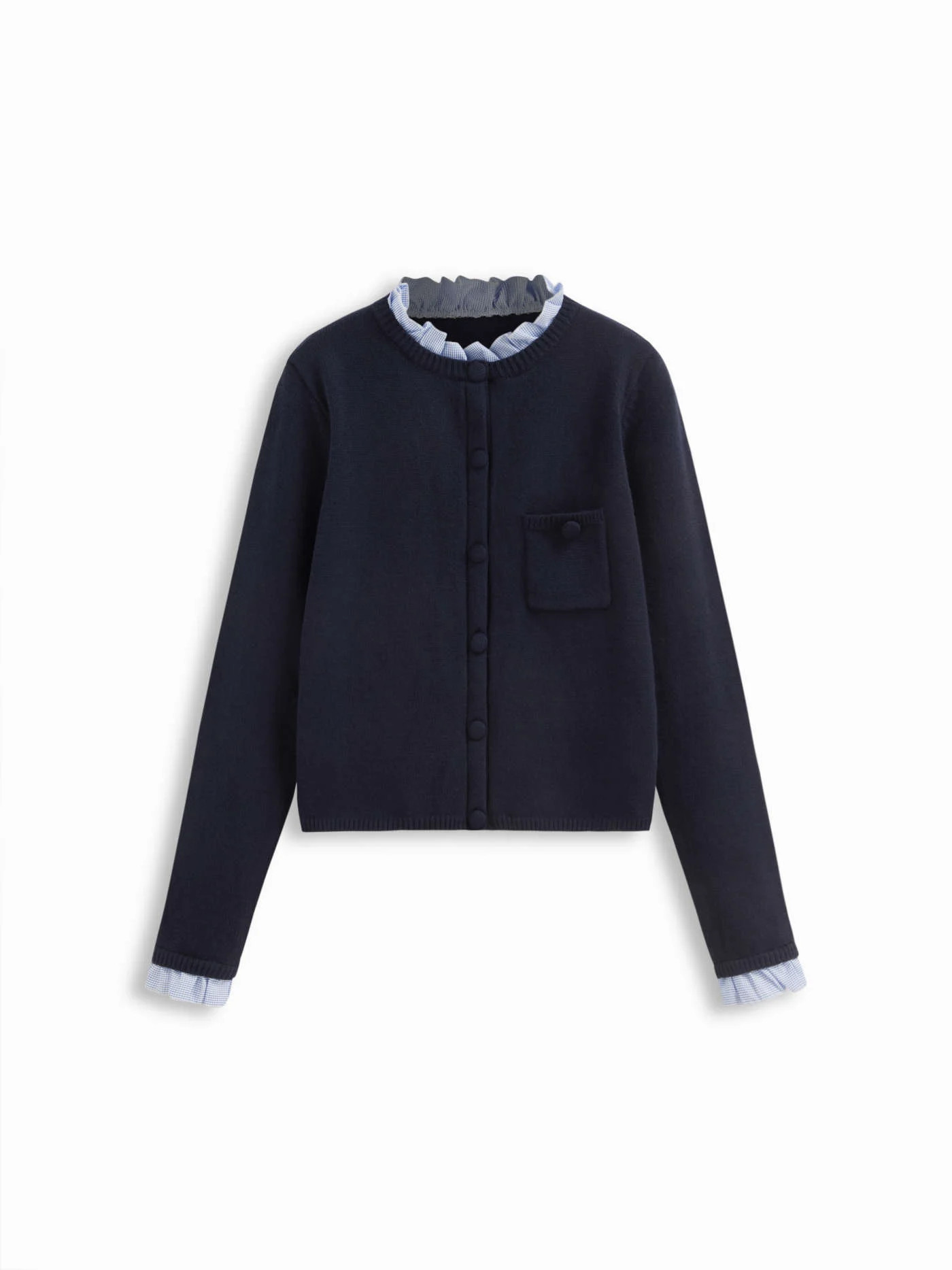 Knit Plaid Round Neck Long Sleeve Ruffle Trim Button Cardigan | Cider