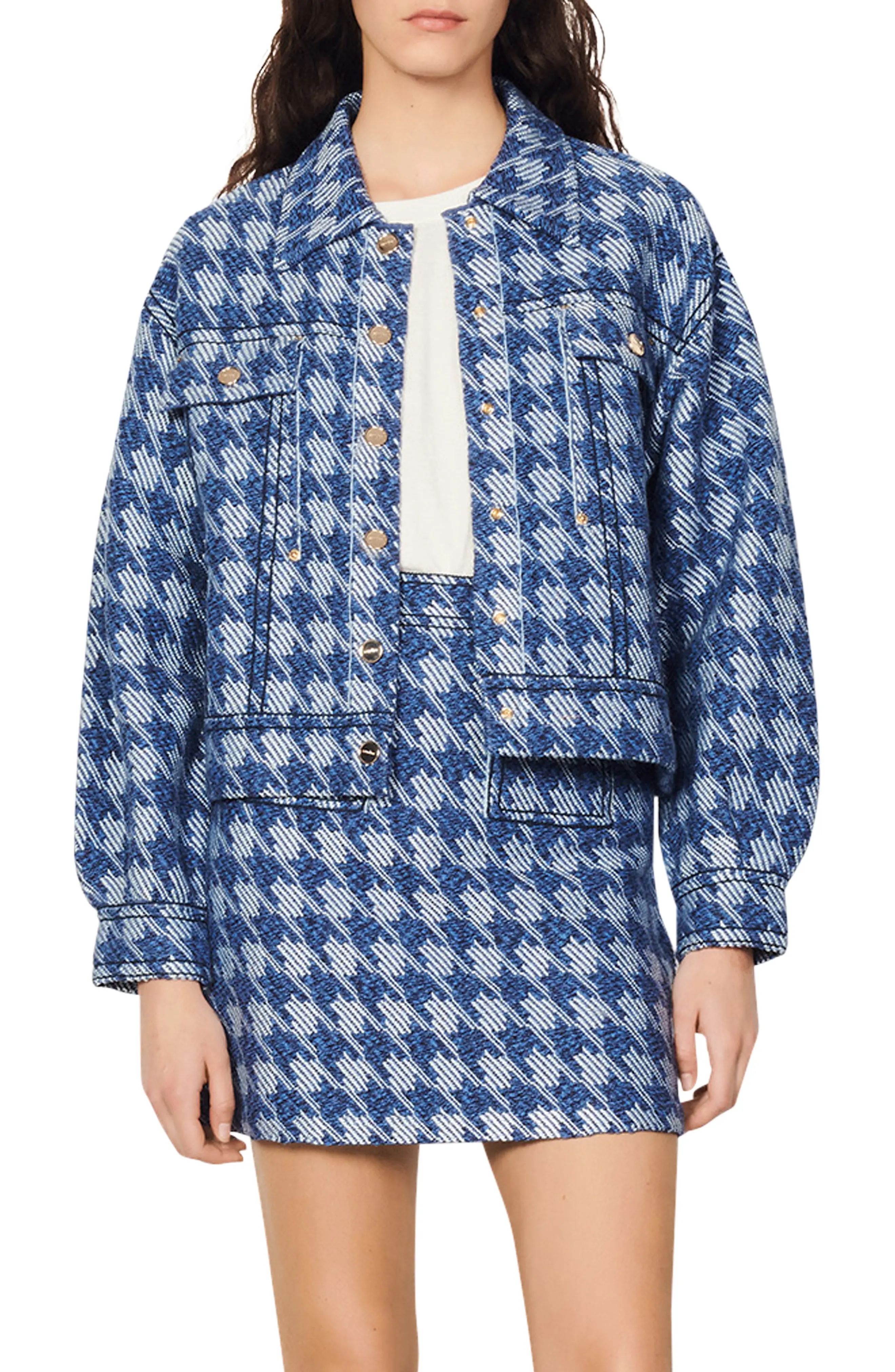 sandro Balthazar Houndstooth Cotton Blend Jacket in Blue at Nordstrom, Size 3 | Nordstrom