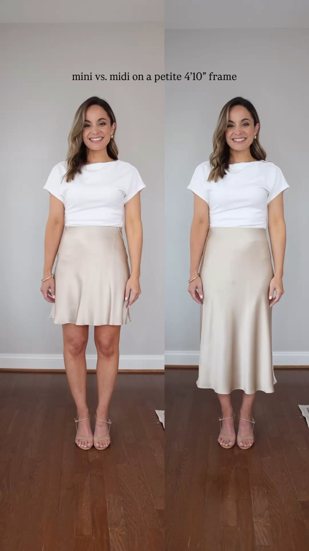 Comparing midi vs mini skirts! 

If I had a nickel for every time someone told me petites can’t wear midi lengths 😮‍💨 

I personally think petites can wear midi lengths (and mini and maxi)! The key is in the styling with a midi length. Here I went with two tonal outfits they’re low contrast with my skin tone which already lengthens but no need to make all of your outfits white. I went to nude heels that have thin straps to add length and tucked in my top to highlight my waist. It also helps that this midi skirt skims my frame but I’ll wear a full length midi skirt all day. 

Skirts are both from Quince. 

Mini skirt: xs in champagne 
Midi skirt: xs in champagne 
Top (Nordstrom): petite xs 
Shoes (Quince): true to size 

Linking the shapewear I tucked my top into to smooth it out as well.
