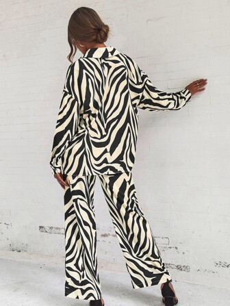 SHEIN Privé Zebra Striped Drop Shoulder Shirt & Wide Leg Pants | SHEIN