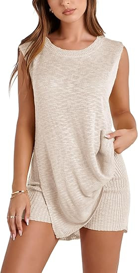 SeekMe Womens Summer Knit Sweater Set Sleeveless Tunic Top Matching Shorts 2 Piece Outfits Trendy... | Amazon (US)