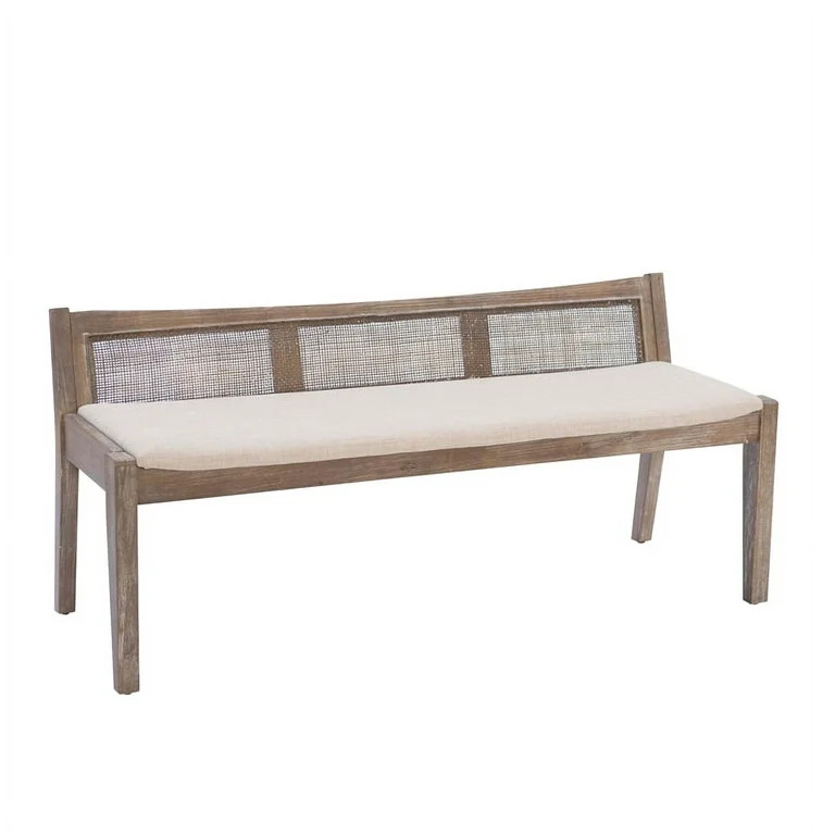 Linon Memphis Wood Bench Woven Cane Back Beige Padded Seat in Brown Stain Finish | Walmart (US)