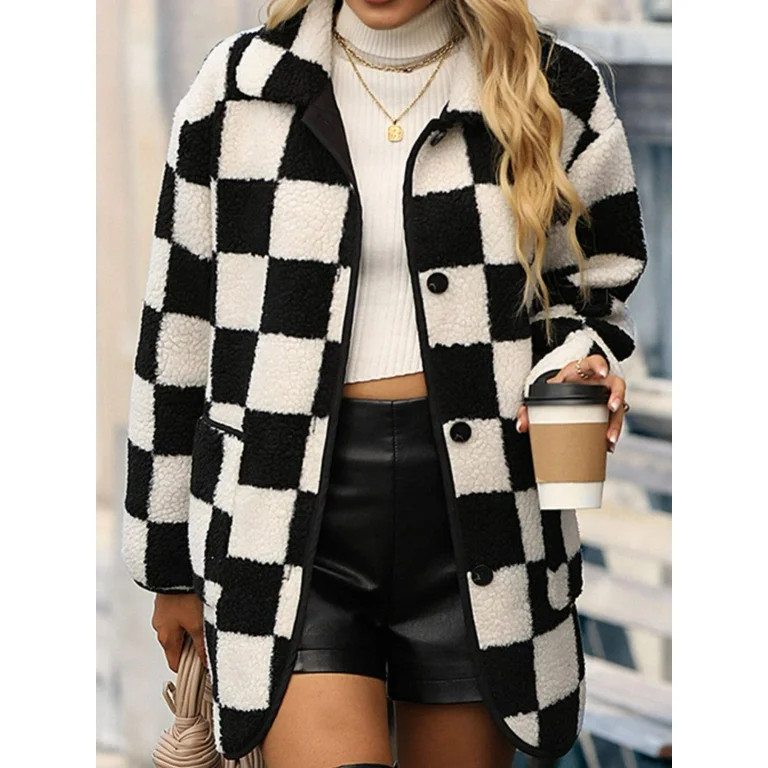 Double Take Full Size Checkered Button Front Coat with Pockets - Walmart.com | Walmart (US)