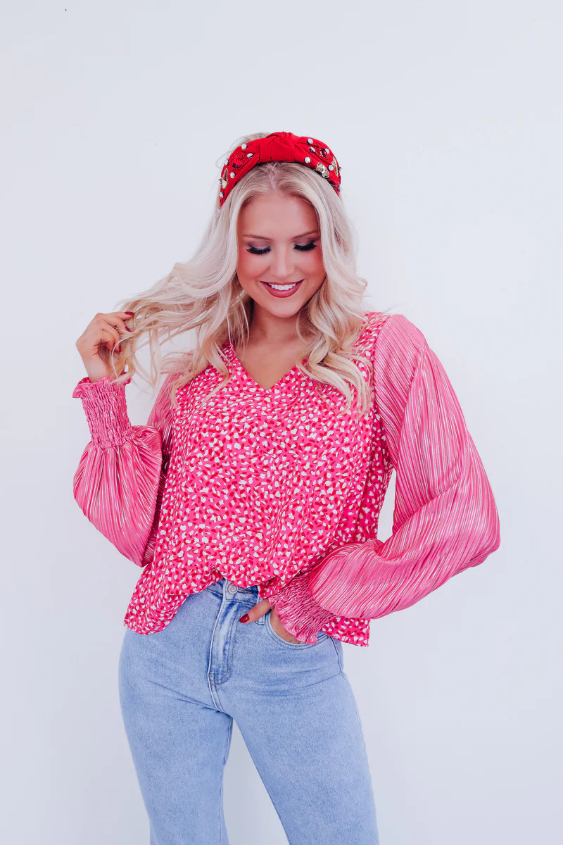 Touch Of Chic Shimmer Sleeve Top - Pink /Leopard | Whiskey Darling Boutique