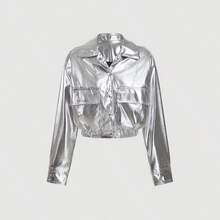 Trendy zilverkleurige cropped jas met kraag, grote zakken en getailleerde taille | SHEIN