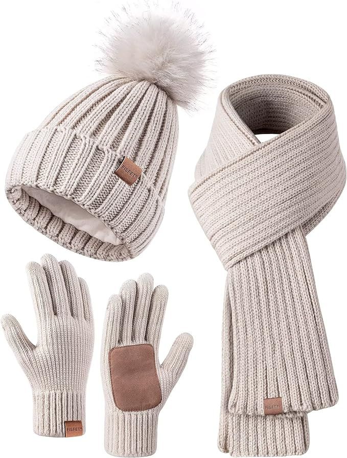 Winter Beanie Hat Scarf Gloves Set for Women, Womens Beanie with Pom Pom Long Scarf Neck Warmer T... | Amazon (US)