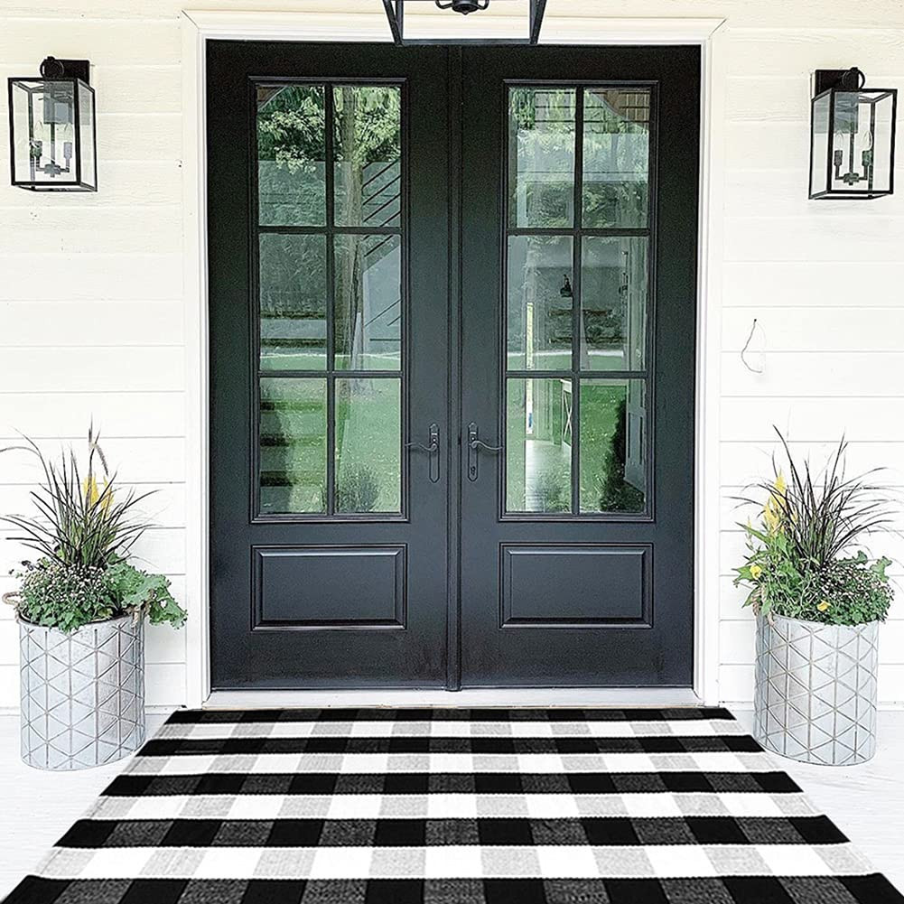 Buffalo Plaid Outdoor Rug 35.4'' x 59'' Black and White Front Door Mat Front Porch Rug Layered Welcome Door Mat for Front Porch Decor, Front Door, Farmhouse Decor,Entryway | Amazon (US)