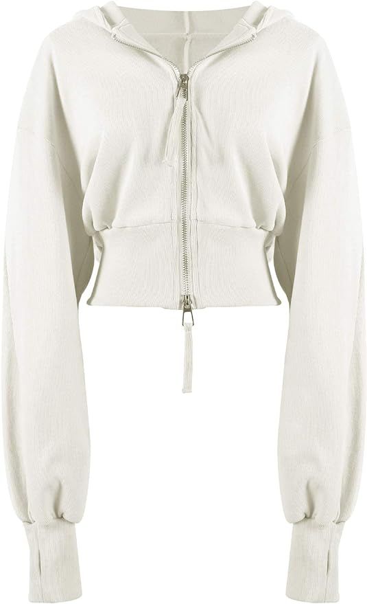 Wyeysyt Crop Hoodie Women Zip Up Casual Fall Jacket Top Long Sleeve Hooded Y2K Workout Sweatshirt | Amazon (US)