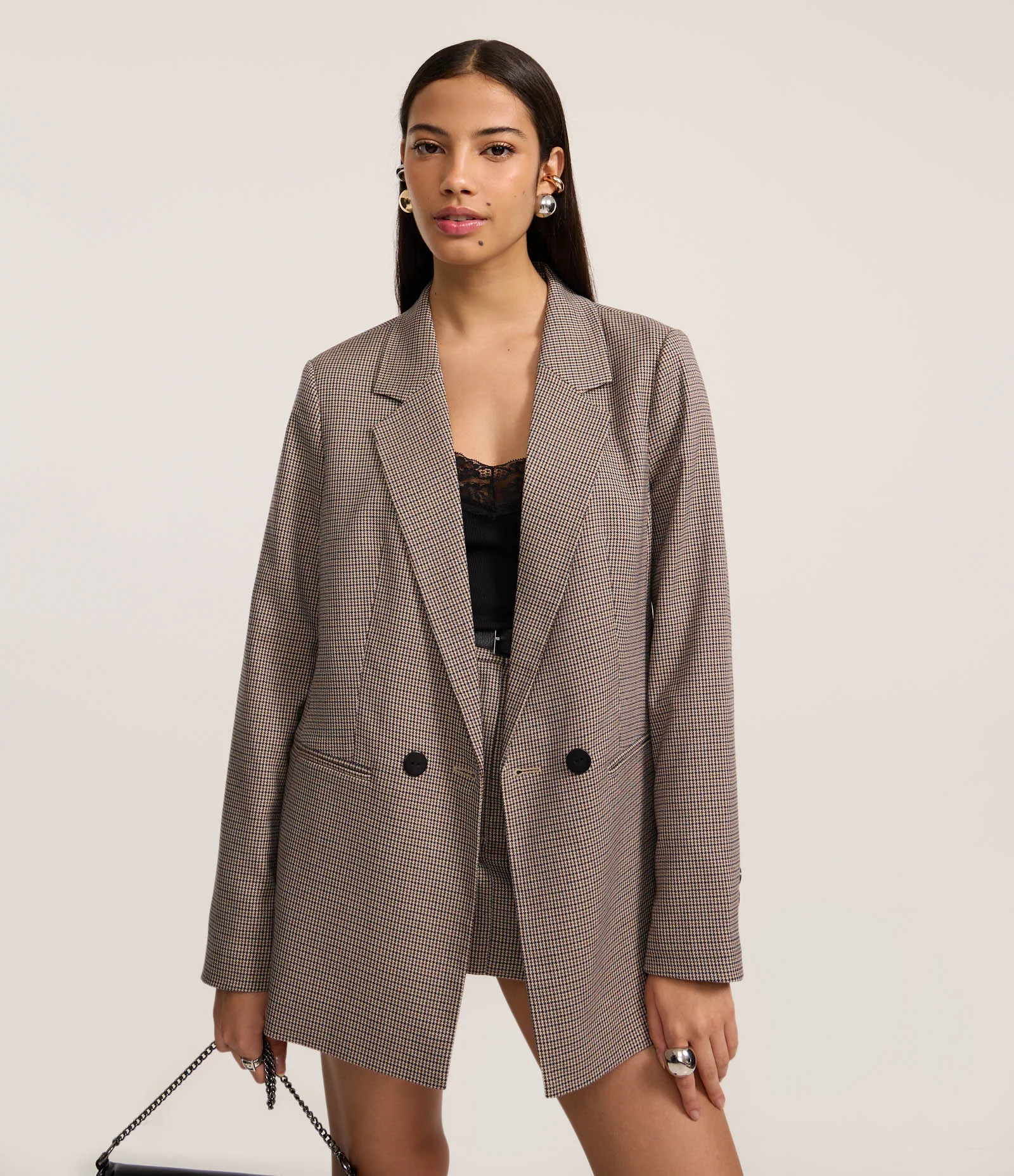 Blazer Alongado em Alfaiataria com Estampa Xadrez  Pied de Poule Cinza - Lojas Renner | Renner (BR)