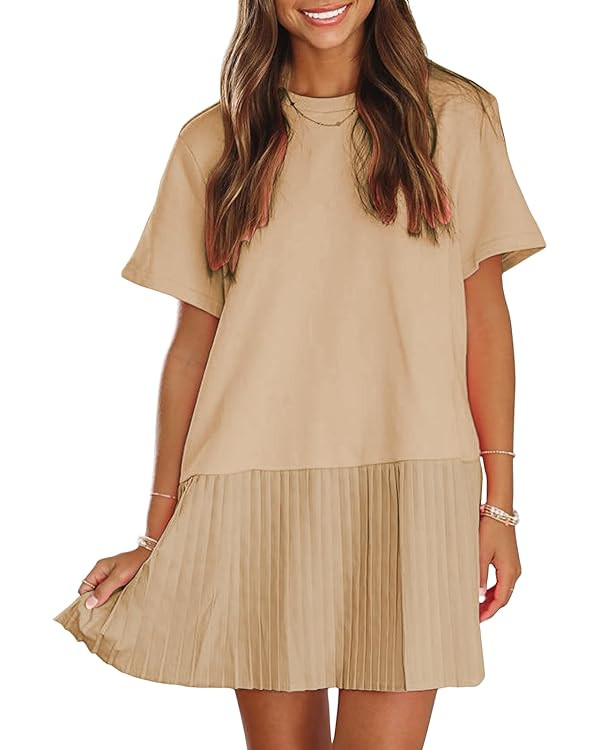 EXLURA Womens Summer Casual Short Sleeve Dress Crewneck Tshirt Dresses Pleated Aline Mini Dress 2... | Amazon (US)